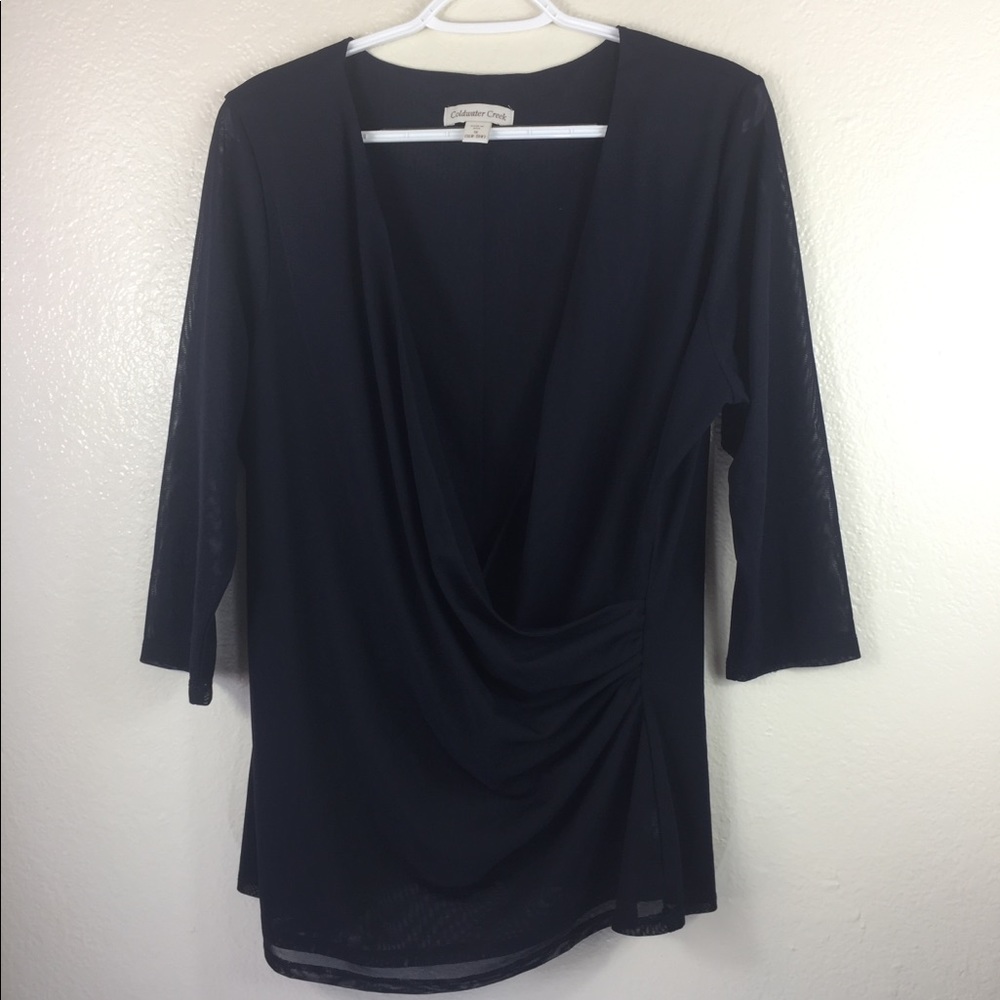 V Neck Sheer 3/4 Sleeve Black Blouse